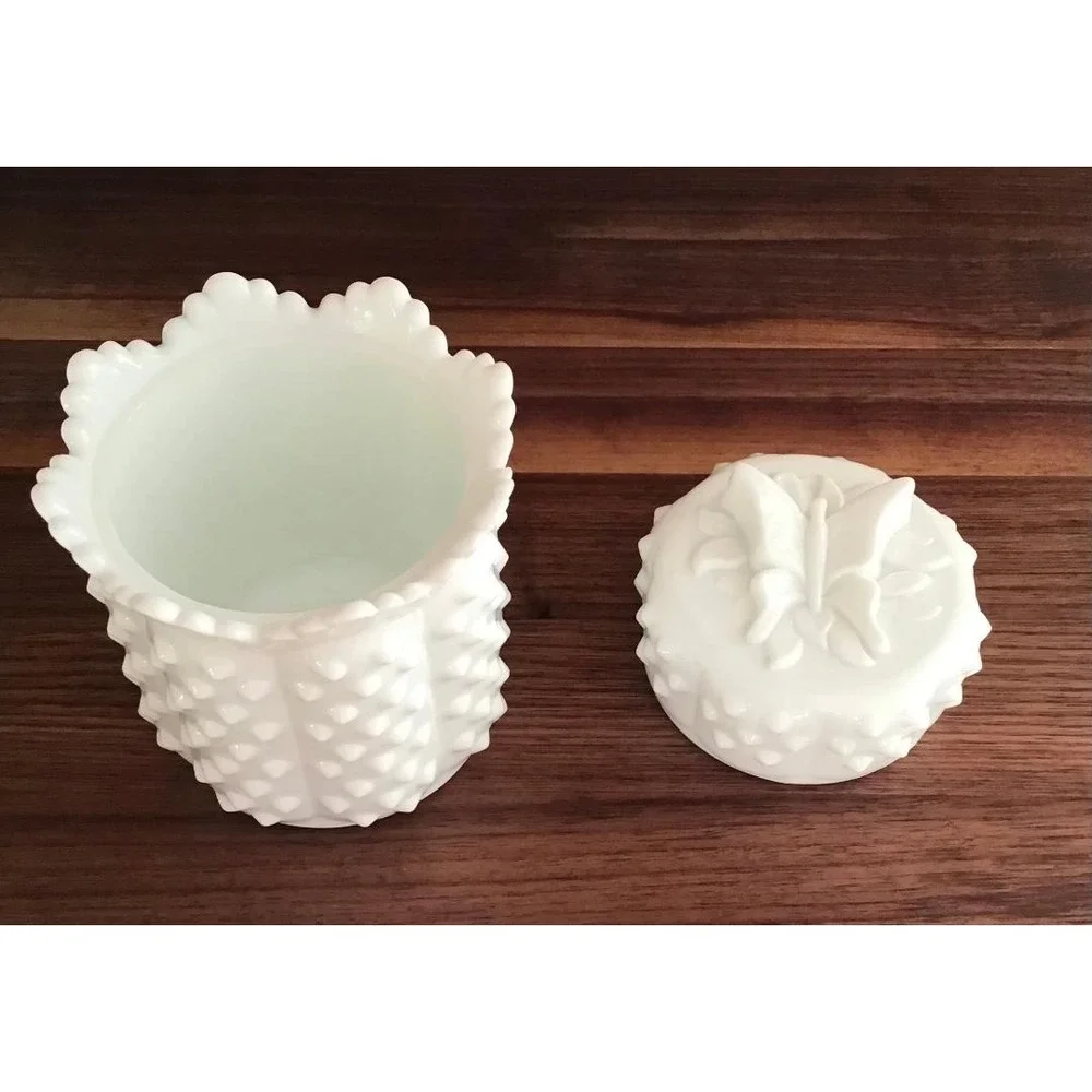Fenton White Milk Glass Hobnail Canister Butterfly Lid Candy Dish Vintage Jar 6